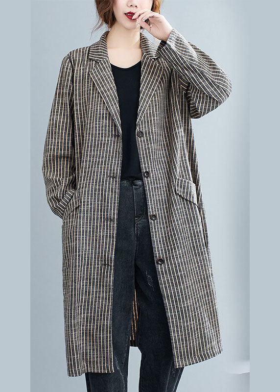Plus Size Khaki PeterPan Kragen Knopftaschen Gestreift Herbst Langarm Trenchcoats
