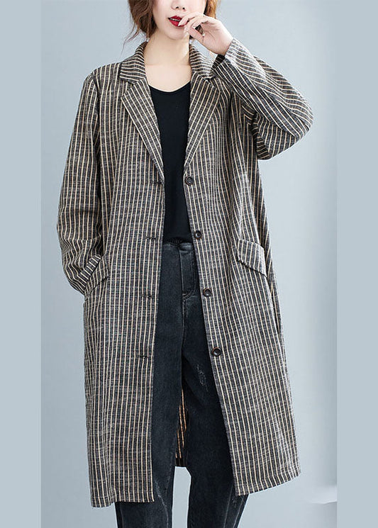 Plus Size Khaki PeterPan Kragen Knopftaschen Gestreift Herbst Langarm Trenchcoats