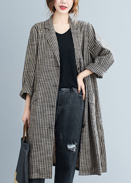 Plus Size Khaki PeterPan Kragen Knopftaschen Gestreift Herbst Langarm Trenchcoats