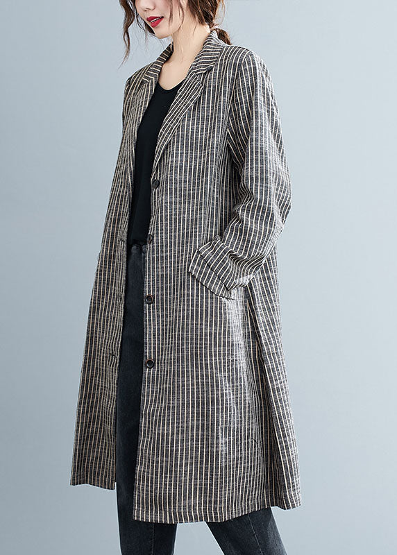 Plus Size Khaki PeterPan Kragen Knopftaschen Gestreift Herbst Langarm Trenchcoats