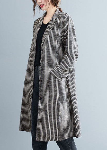 Plus Size Khaki PeterPan Kragen Knopftaschen Gestreift Herbst Langarm Trenchcoats