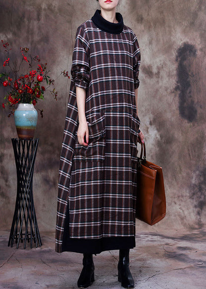 Plus Size Khaki Plaid Taschen Baumwolle Robe Kleider Frühling