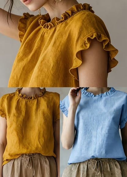 Plus Size Khaki Ruffled Cotton Shirts Sleeveless
