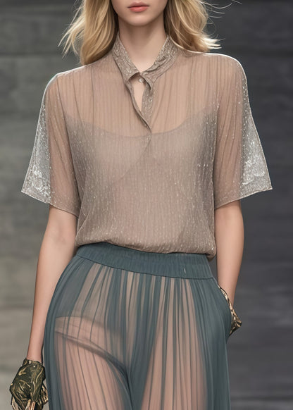 Plus Size Khaki Stand Collar Sheer Tulle Blouse Tops Summer