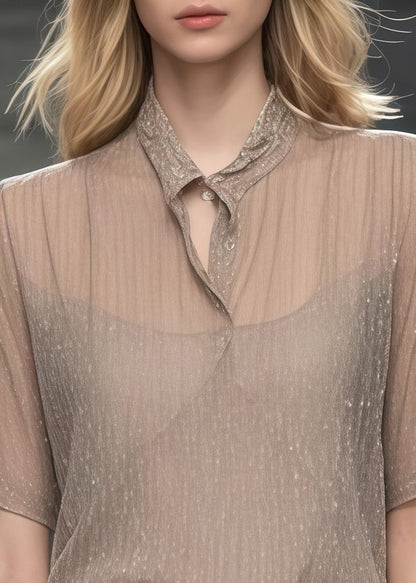 Plus Size Khaki Stand Collar Sheer Tulle Blouse Tops Summer