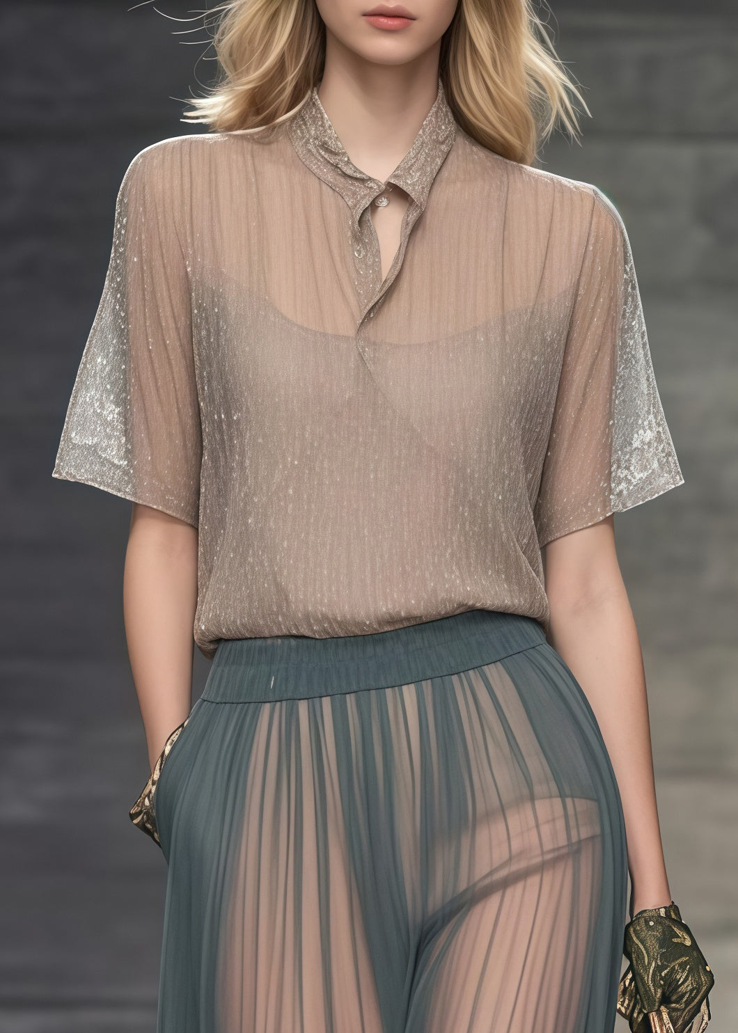 Plus Size Khaki Stand Collar Sheer Tulle Blouse Tops Summer