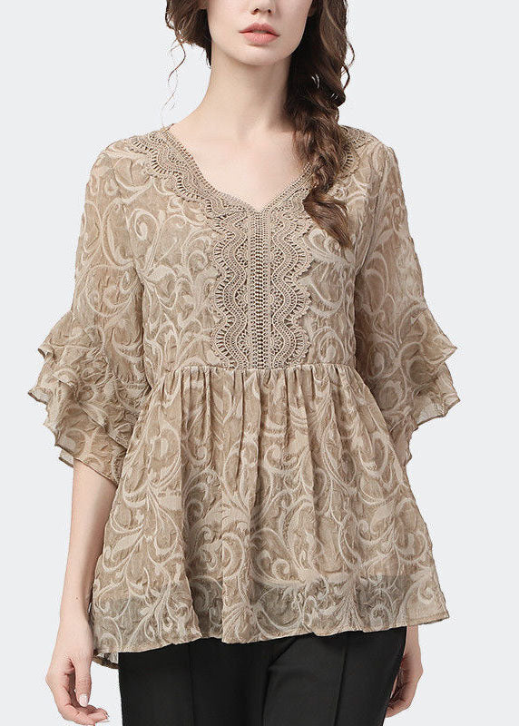Plus Size Khaki V-Ausschnitt Spitze Patchwork Falten Tops Blütenblatt Ärmel