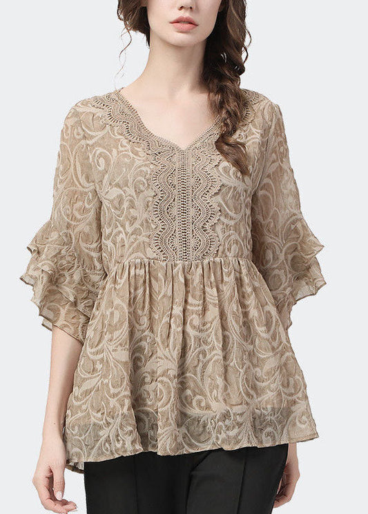 Plus Size Khaki V-Ausschnitt Spitze Patchwork Falten Tops Blütenblatt Ärmel