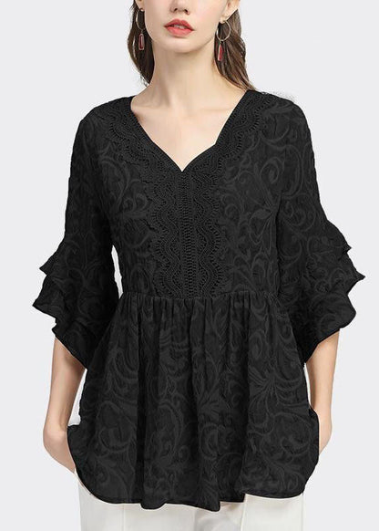 Plus Size Khaki V-Ausschnitt Spitze Patchwork Falten Tops Blütenblatt Ärmel