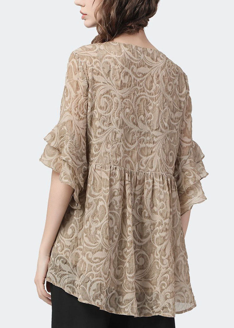 Plus Size Khaki V-Ausschnitt Spitze Patchwork Falten Tops Blütenblatt Ärmel