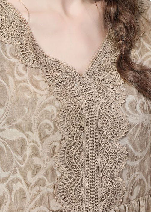 Plus Size Khaki V-Ausschnitt Spitze Patchwork Falten Tops Blütenblatt Ärmel