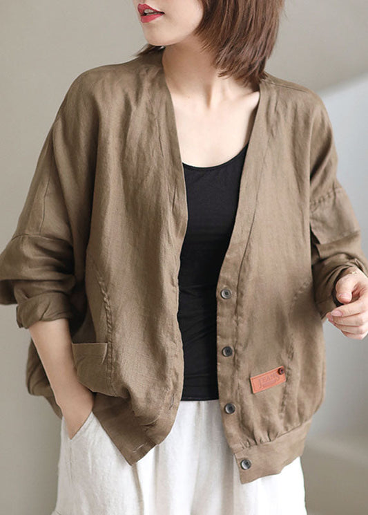 Plus Size Khaki V Neck Loose Button Fall Long sleeve Jacket