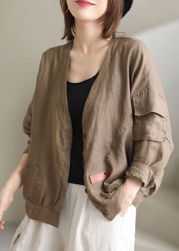 Plus Size Khaki V Neck Loose Button Fall Long sleeve Jacket