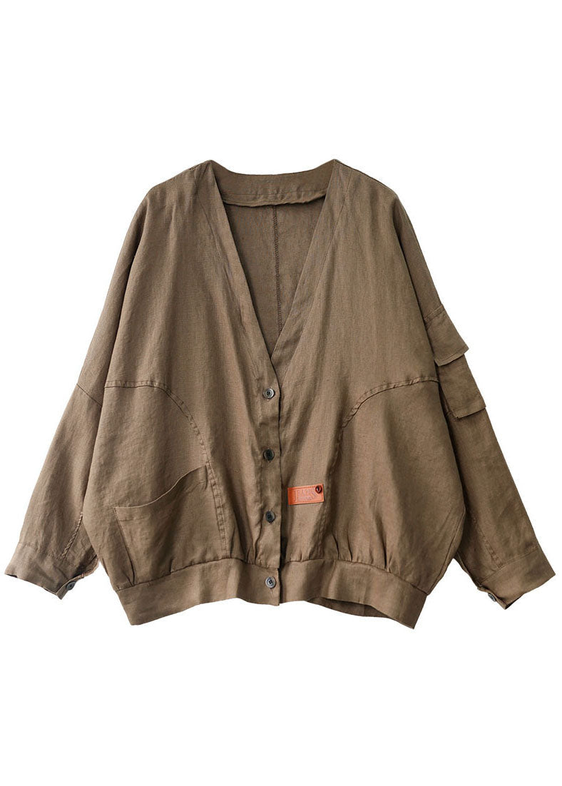 Plus Size Khaki V Neck Loose Button Fall Long sleeve Jacket