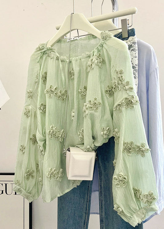 Plus Size Lake Green O-Neck Floral Chiffon Shirt Top Summer