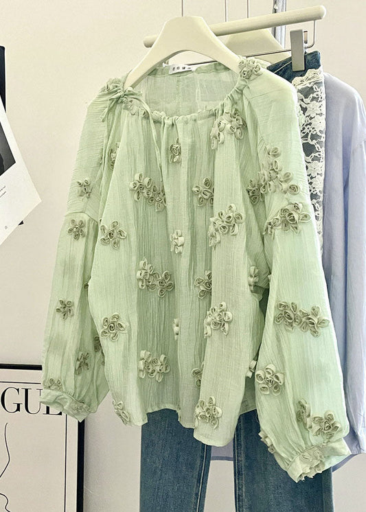 Plus Size Lake Green O-Neck Floral Chiffon Shirt Top Summer