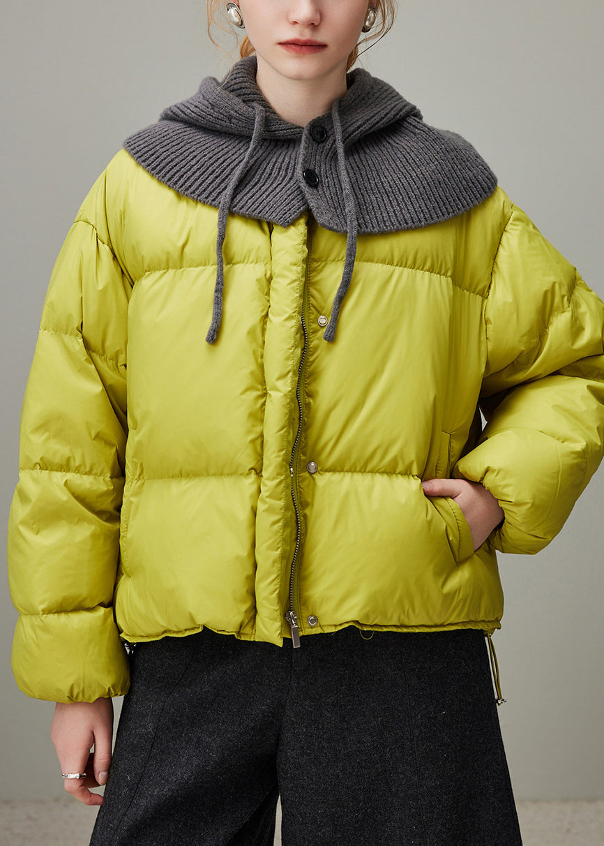 Abrigo de plumón de pato de punto con cremallera y capucha de color verde limón de talla grande para invierno