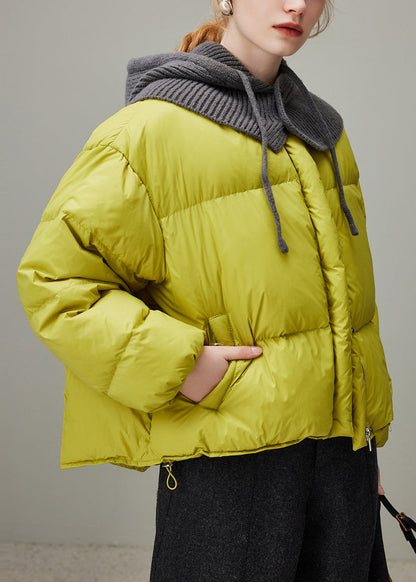Abrigo de plumón de pato de punto con cremallera y capucha de color verde limón de talla grande para invierno