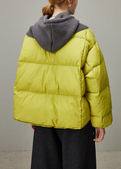 Abrigo de plumón de pato de punto con cremallera y capucha de color verde limón de talla grande para invierno