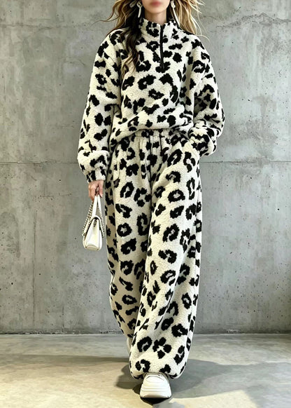 Plus Size Leopard Stand Collar Zippered Teddy Faux Fur Two Piece Set Fall
