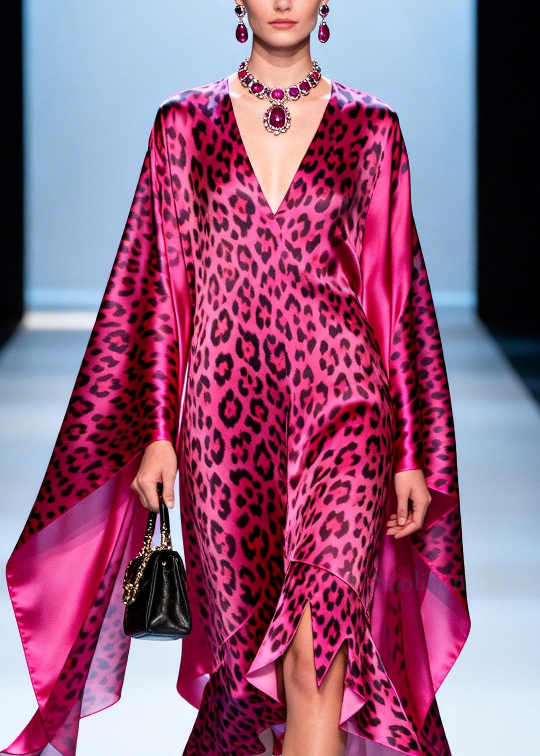 Plus Size Leopard V Neck Asymmetrical Design Patchwork Silk Vacation Dresses Summer
