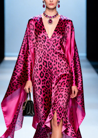 Plus Size Leopard V Neck Asymmetrical Design Patchwork Silk Vacation Dresses Summer