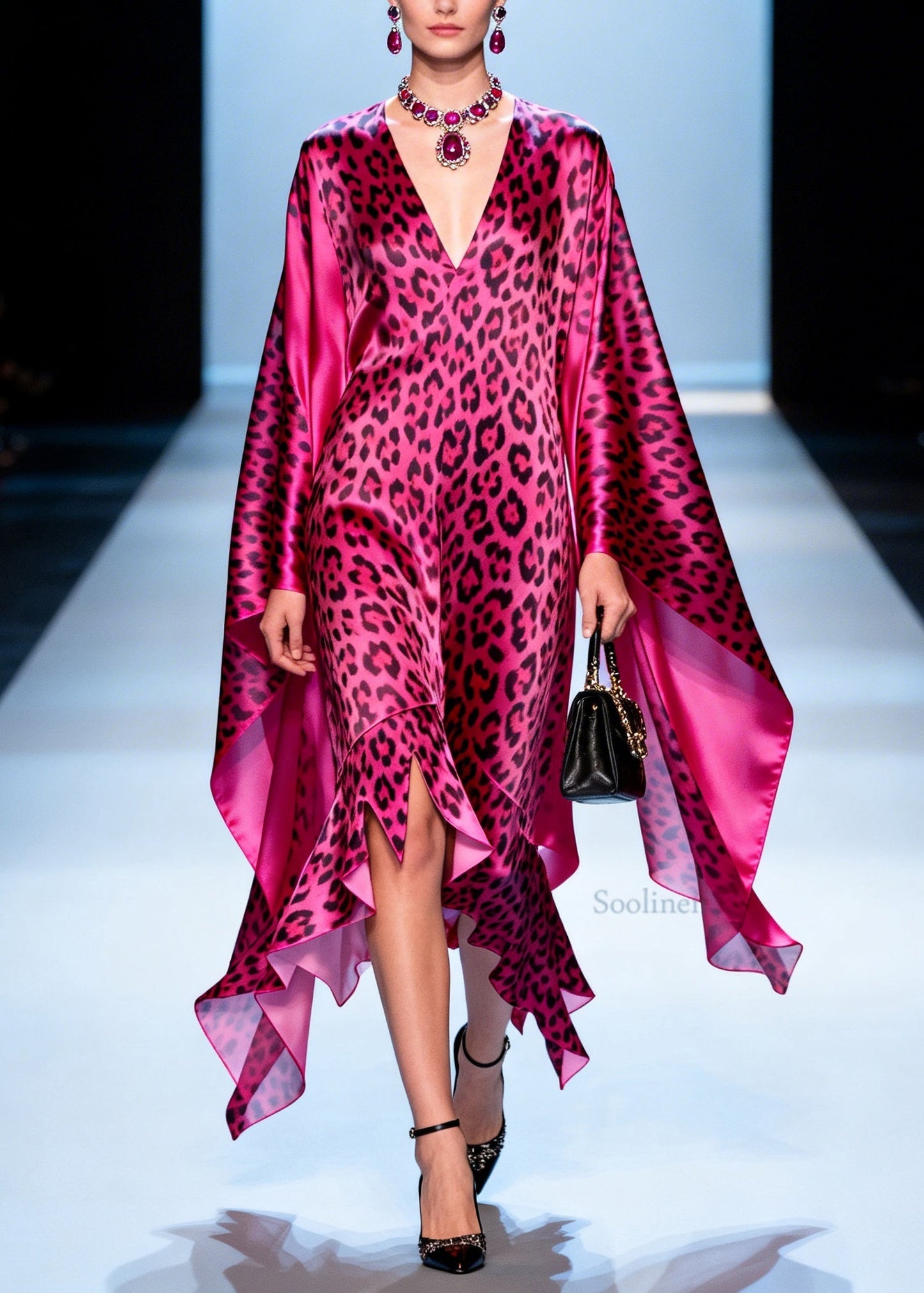 Plus Size Leopard V Neck Asymmetrical Design Patchwork Silk Vacation Dresses Summer