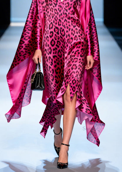 Plus Size Leopard V Neck Asymmetrical Design Patchwork Silk Vacation Dresses Summer
