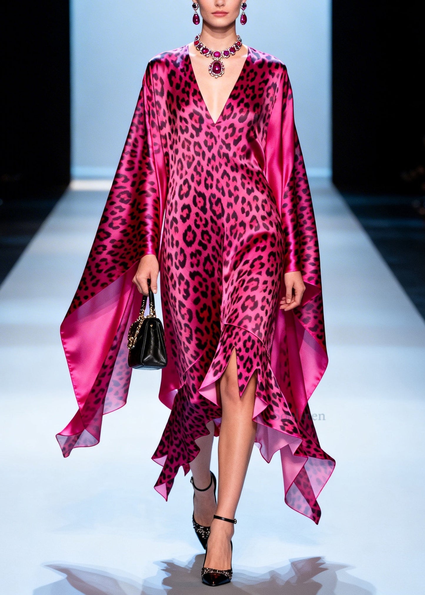 Plus Size Leopard V Neck Asymmetrical Design Patchwork Silk Vacation Dresses Summer