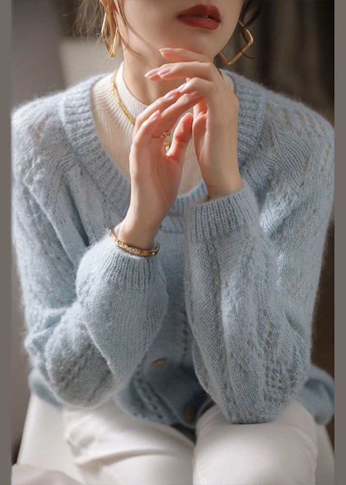 Plus Größe Hellblau O-Ausschnitt Aushöhlen Ma Hai Mao Strickjacke Frühling