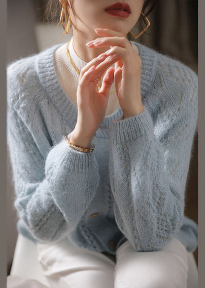 Plus Größe Hellblau O-Ausschnitt Aushöhlen Ma Hai Mao Strickjacke Frühling