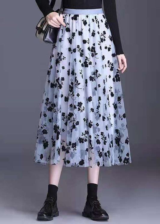 Plus Size Hellblauer Tüll-Print A-Linien-Herbstrock