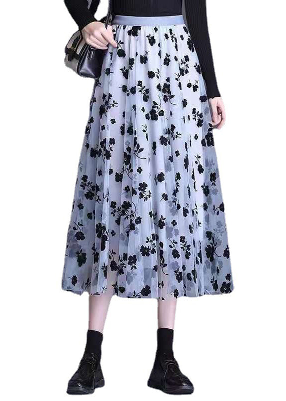 Plus Size Hellblauer Tüll-Print A-Linien-Herbstrock