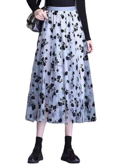 Plus Size Hellblauer Tüll-Print A-Linien-Herbstrock