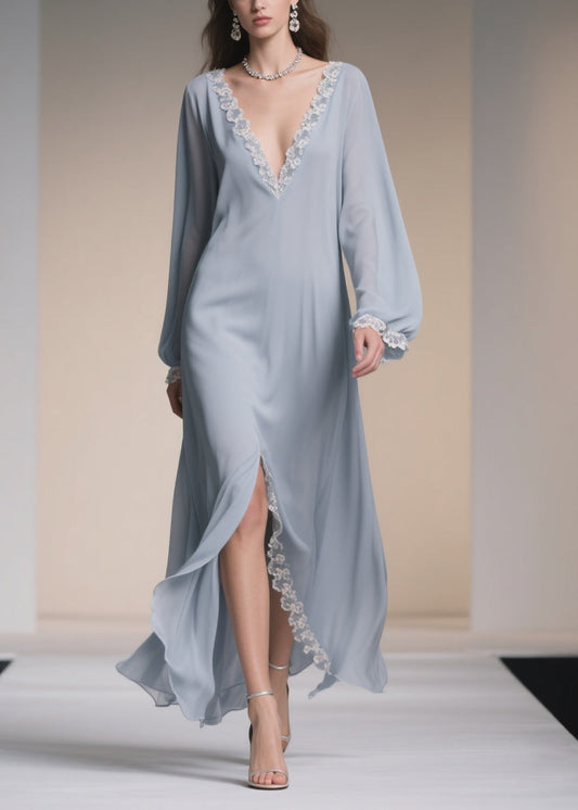 Plus Size Light Blue V Neck Lace Side Open Chiffon Dresses Spring