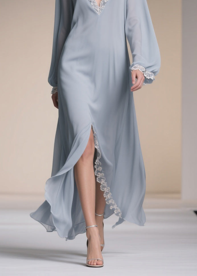 Plus Size Light Blue V Neck Lace Side Open Chiffon Dresses Spring