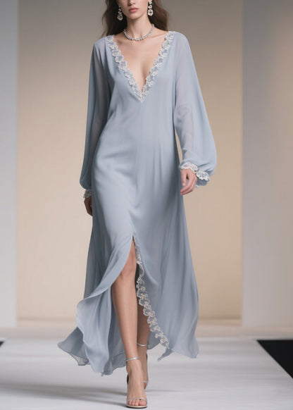 Plus Size Light Blue V Neck Lace Side Open Chiffon Dresses Spring