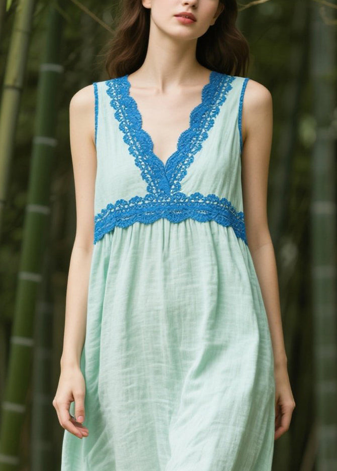 Plus Size Light Green Oversized Patchwork Cotton Dress Sleeveless