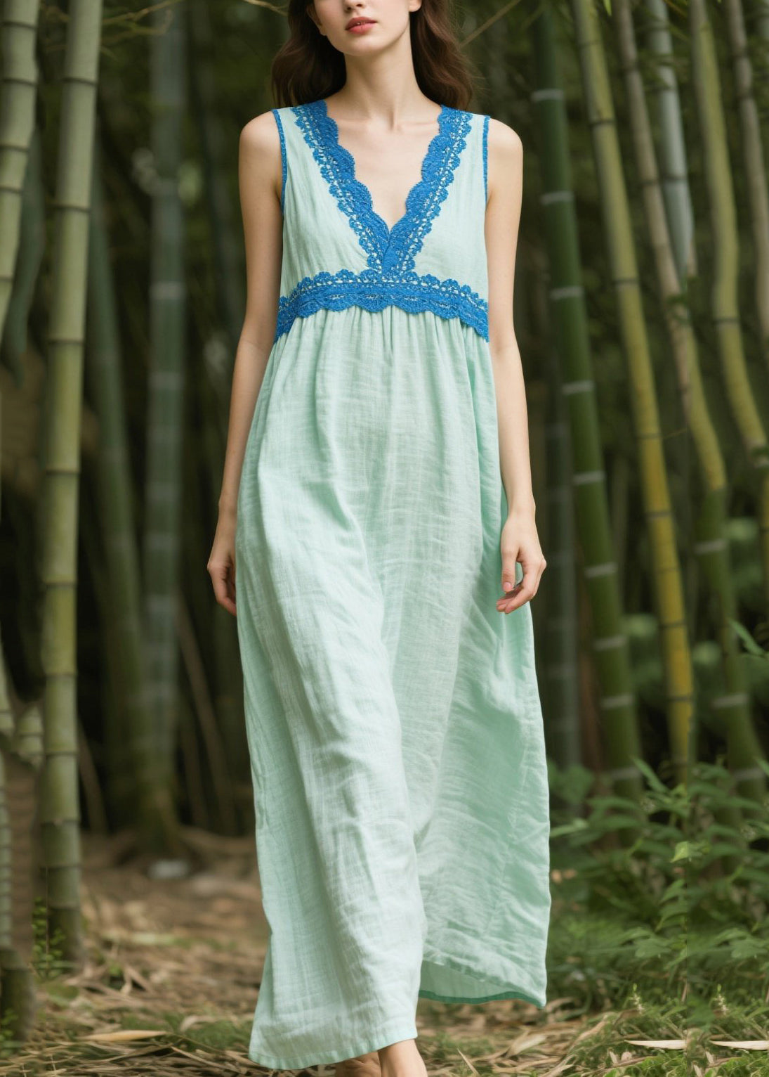 Plus Size Light Green Oversized Patchwork Cotton Dress Sleeveless