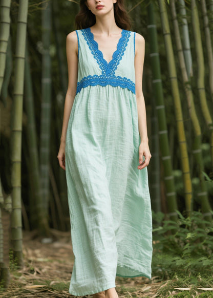 Plus Size Light Green Oversized Patchwork Cotton Dress Sleeveless