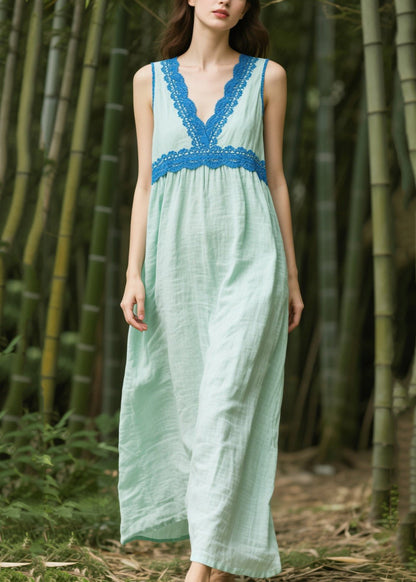 Plus Size Light Green Oversized Patchwork Cotton Dress Sleeveless