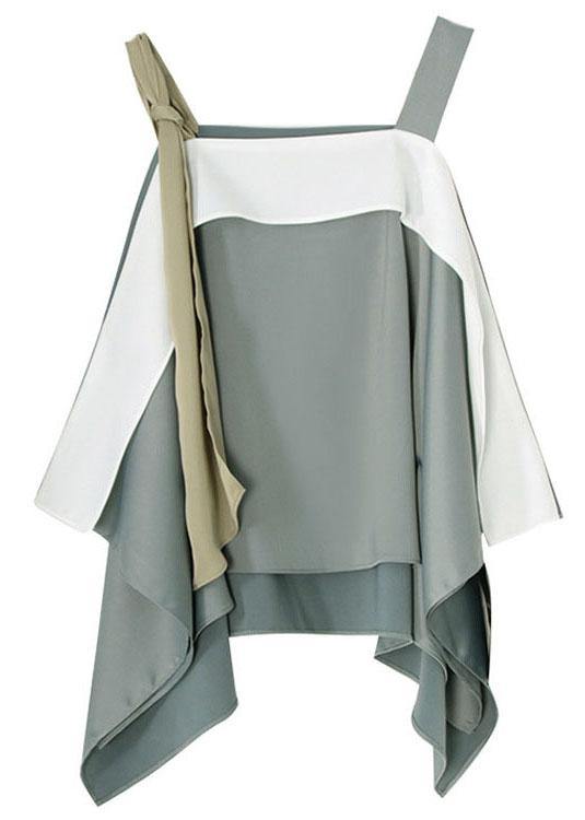 Plus Size Light Green Slash neck Patchwork asymmetrical design Spaghetti Strap Top Summer - SooLinen