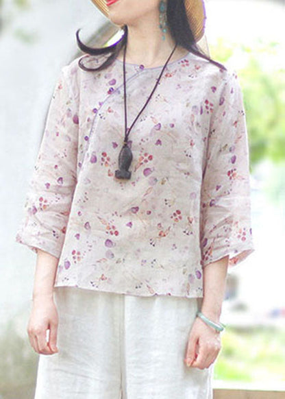 Plus Size Light Purple O-Neck button print Linen Blouse Top Spring