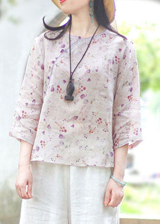 Plus Size Light Purple O-Neck button print Linen Blouse Top Spring