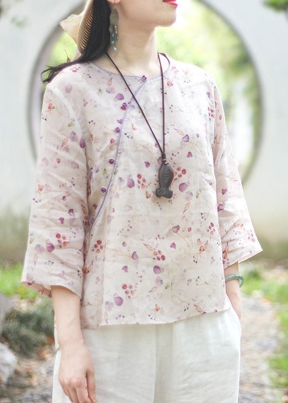 Plus Size Light Purple O-Neck button print Linen Blouse Top Spring