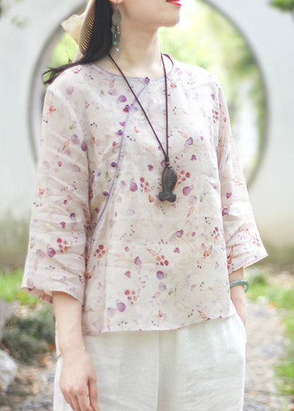 Plus Size Light Purple O-Neck button print Linen Blouse Top Spring