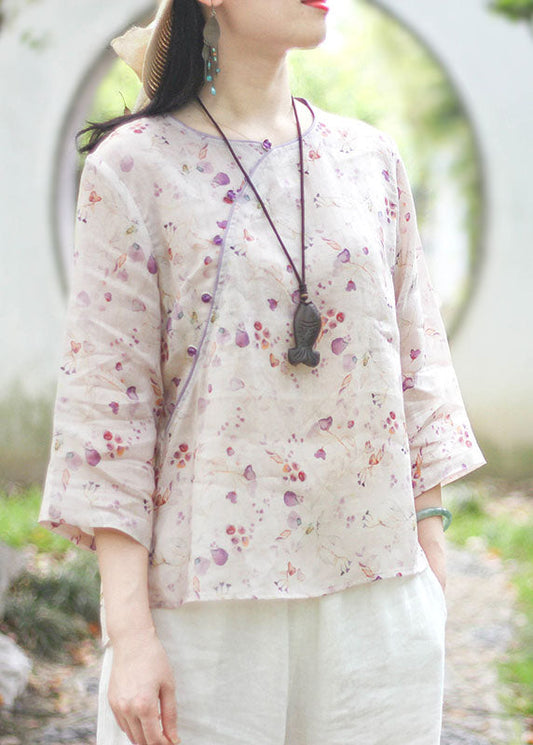 Plus Size Light Purple O-Neck button print Linen Blouse Top Spring