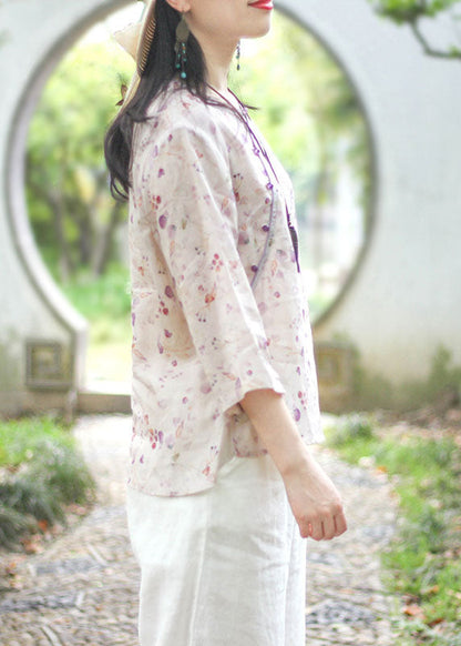 Plus Size Light Purple O-Neck button print Linen Blouse Top Spring