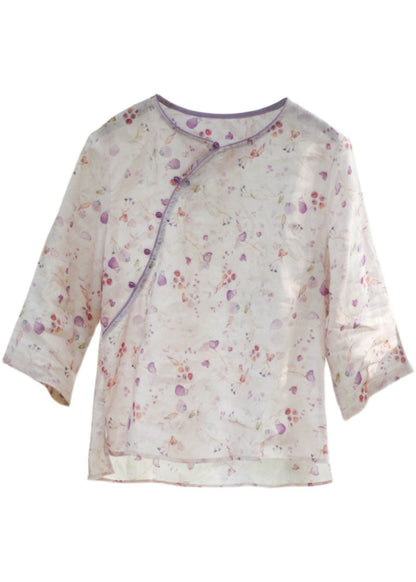 Plus Size Light Purple O-Neck button print Linen Blouse Top Spring