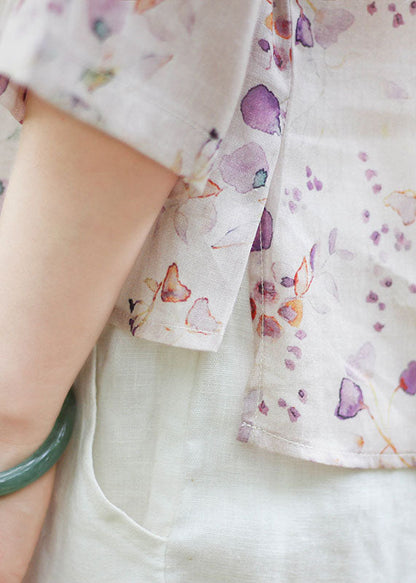 Plus Size Light Purple O-Neck button print Linen Blouse Top Spring